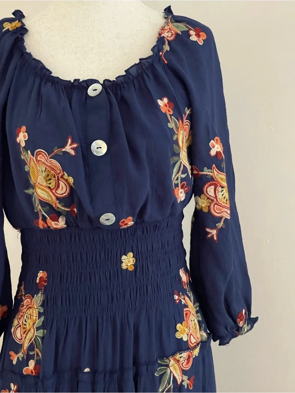 Anthropologie Fig & Flower Embroidered Peasant Midi Dress Small Boho